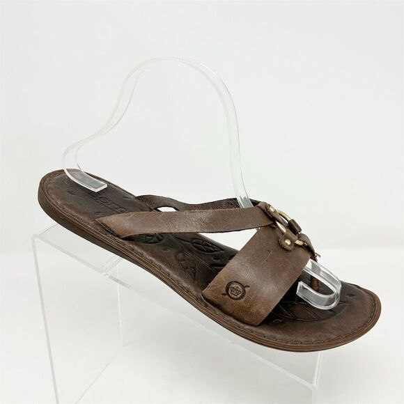 Born Women's Boho Brown Leather Slip-On Thong Sandals Size 10M with Harness Ring - Picture 1 of 13